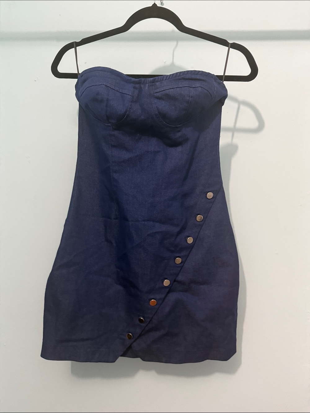 by the way. Strapless Navy Mini Dress with Diagonal Button Detail